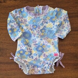 Ruffle Butts Girls Blue Floral Ruffle Rashguard Size 3-6M